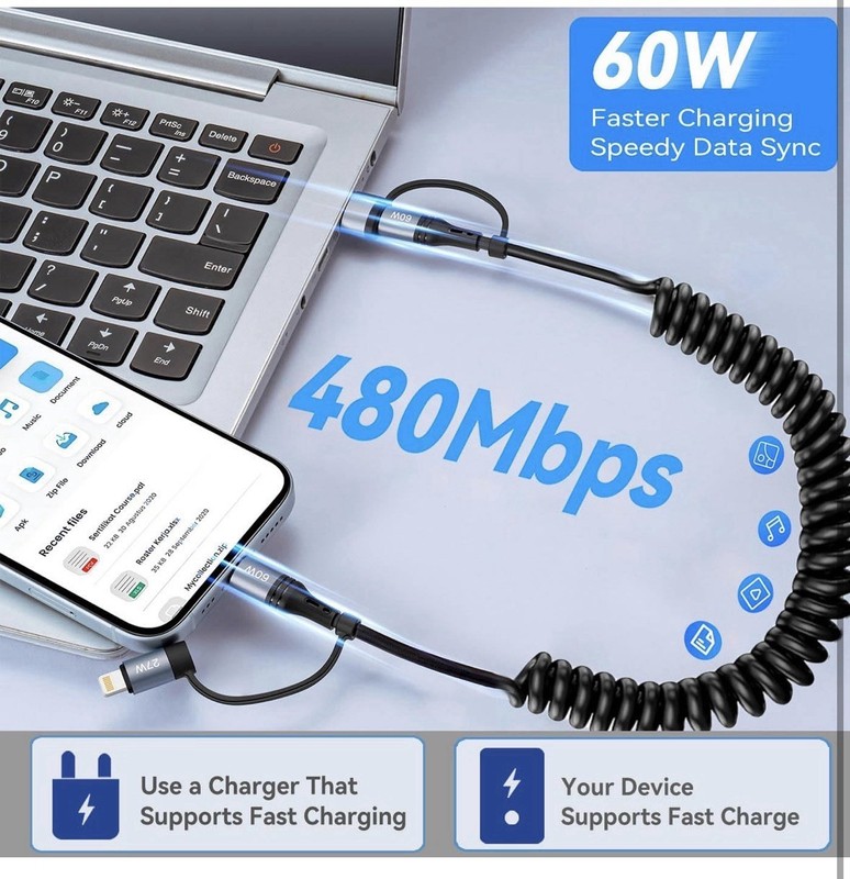 2-Pack 4-in-1 USB C Fast Charging Cable 60W Coiled Car Charger 4FT New gallery