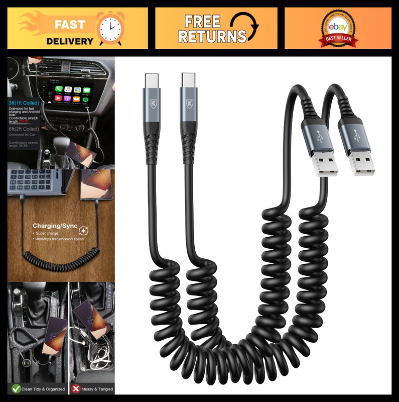 Fast Charging USB Type C Charger Cable – 2 Pack, 3ft Coiled USB A to C Cable