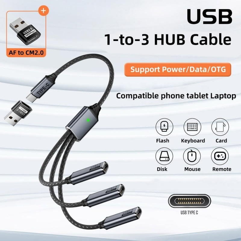 3 in 1 USB 2.0 Splitter Cable,USB 1 to 3 HUB Cable Power/Data/OTG ,,Laptop 0.... gallery