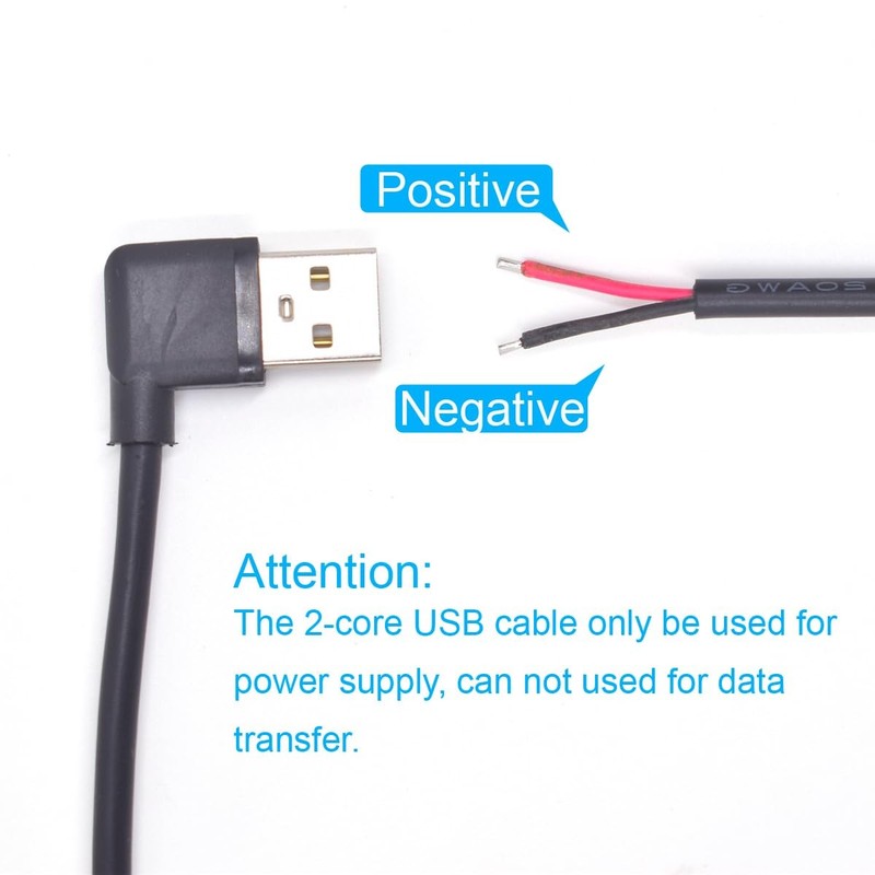 USB 2.0 Male 90° Pigtail Cable 1M 22AWG 2-Pin 5V 3A Open End Extension 5PCS gallery