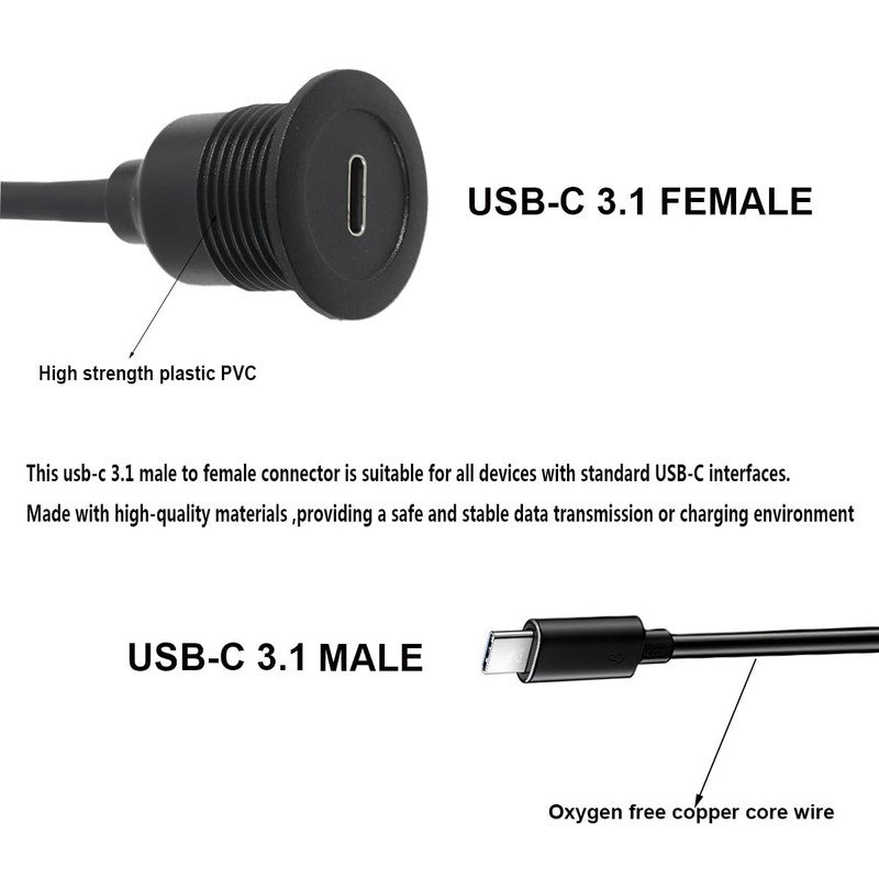 USB C 3.1 Flush Mount Extension Cable Panel Adapter Dashboard 30CM/11.8 Inch gallery