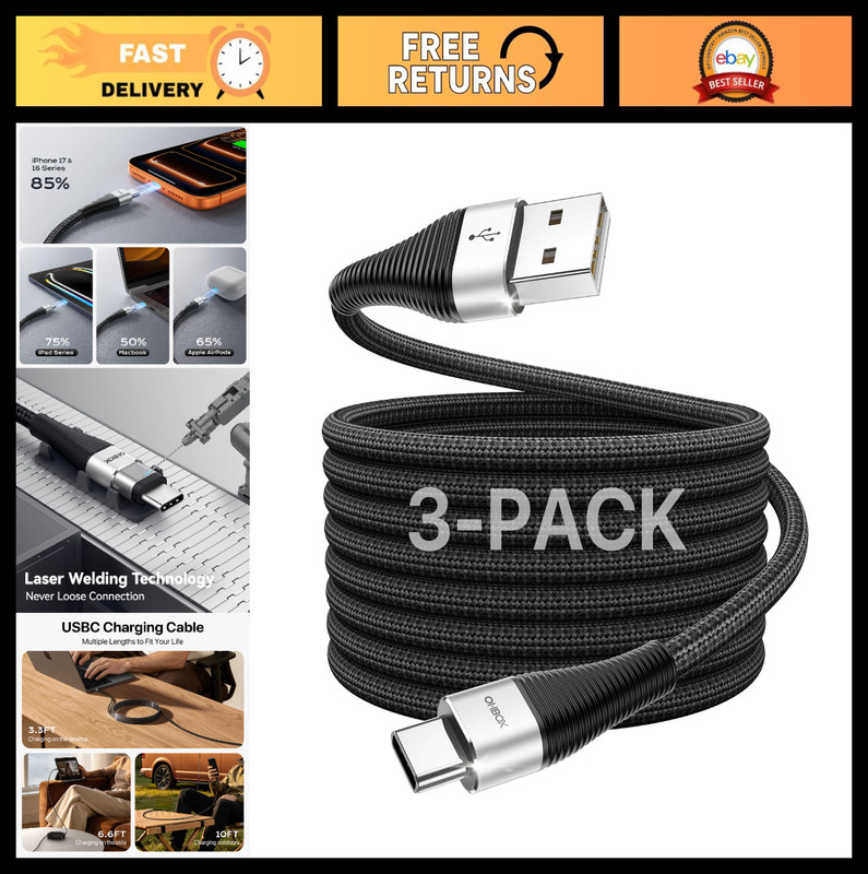 3-Pack 10FT USB C Charger Cord, 3A Fast Charging, Extra Long Nylon Braided Cable