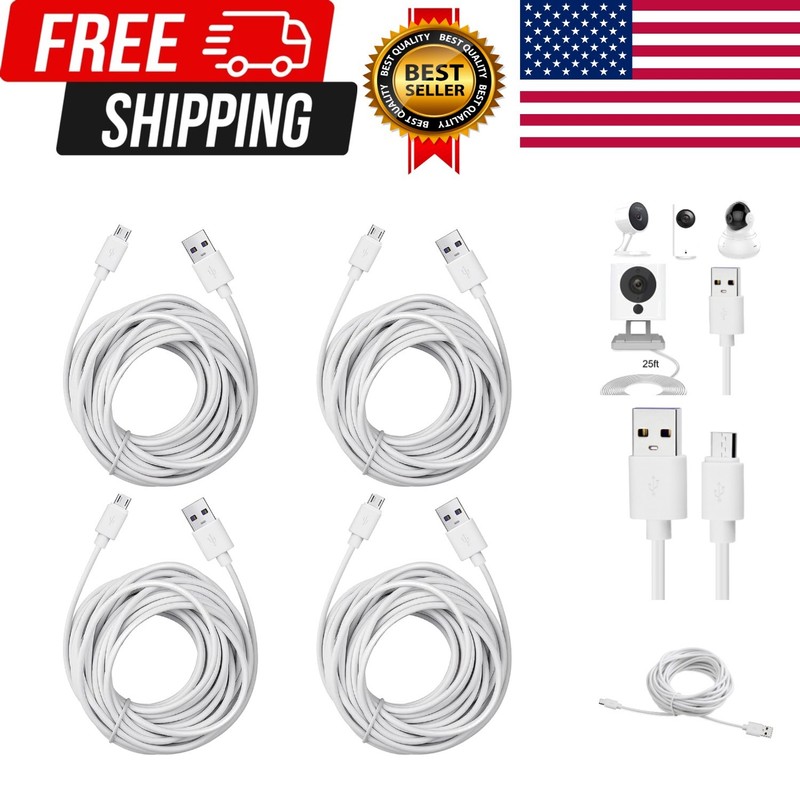 4-Pack 25ft Security Camera Micro USB Extension Cable Compatible for Wyze Cam…