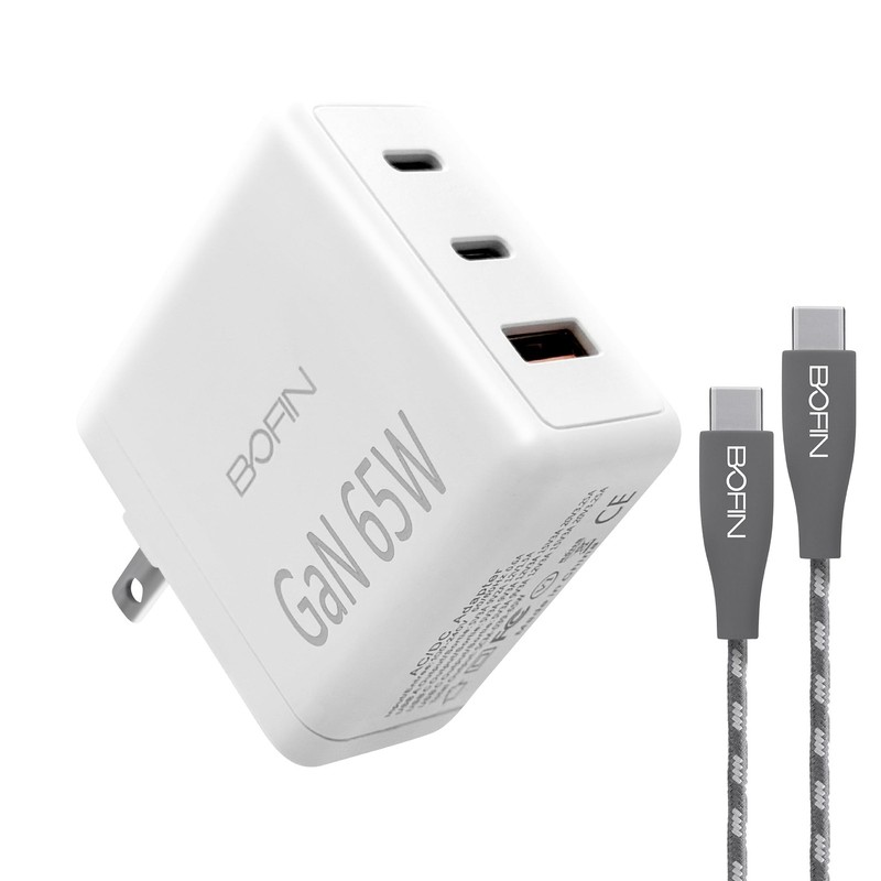 , 65W Foldable Plug Fast Charging Dual USB-C + USB-A Wall Charger with 6FT US…