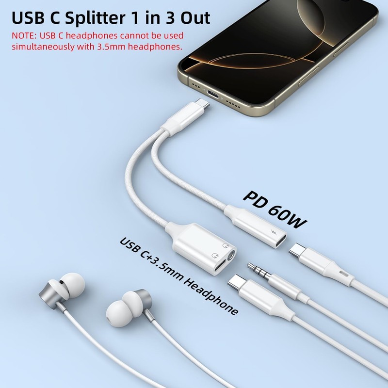 AreMe USB C Splitter 1 in 3 Out, USB C to 3.5mm Headphone and Charger Adapter, D gallery