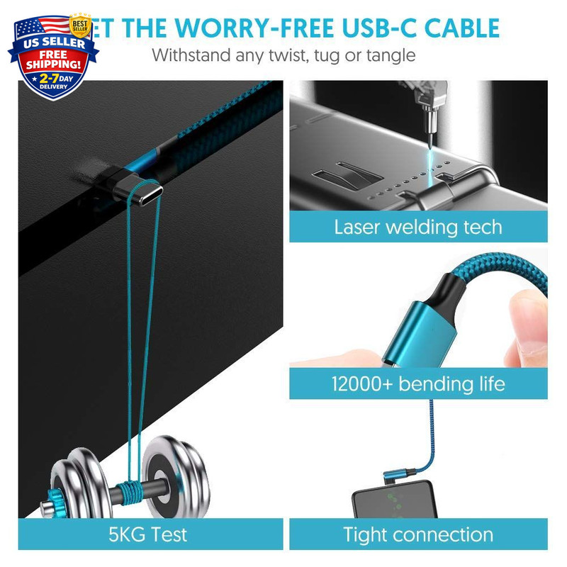 Type C Cable 90 Degrees Right Angle [3-Pack 10Ft] Nylon Braided USB a to USB C F gallery