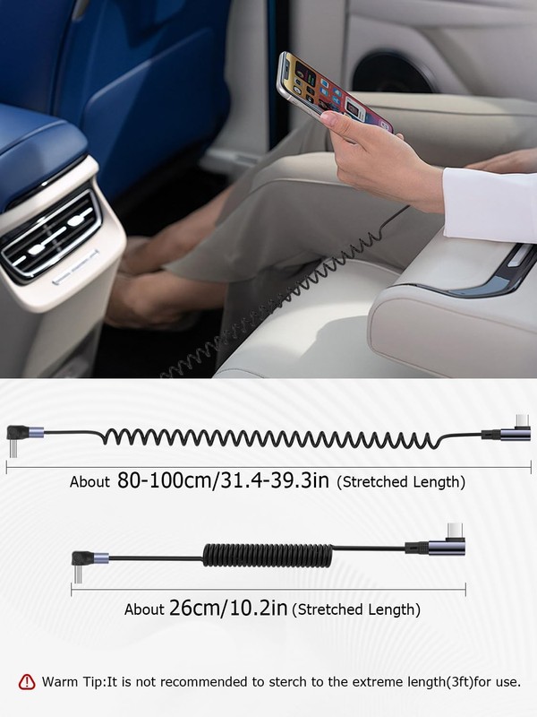 3.2FT 90 Degree Coiled USB A To USB C Cable 6A 65W Fast Charging Retractable gallery