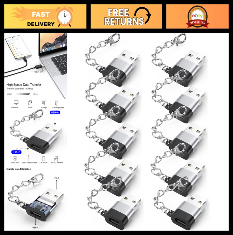 10-Pack USB C to USB Adapter, 18W Fast Charging & 480Mbps Data Sync, Keychain In