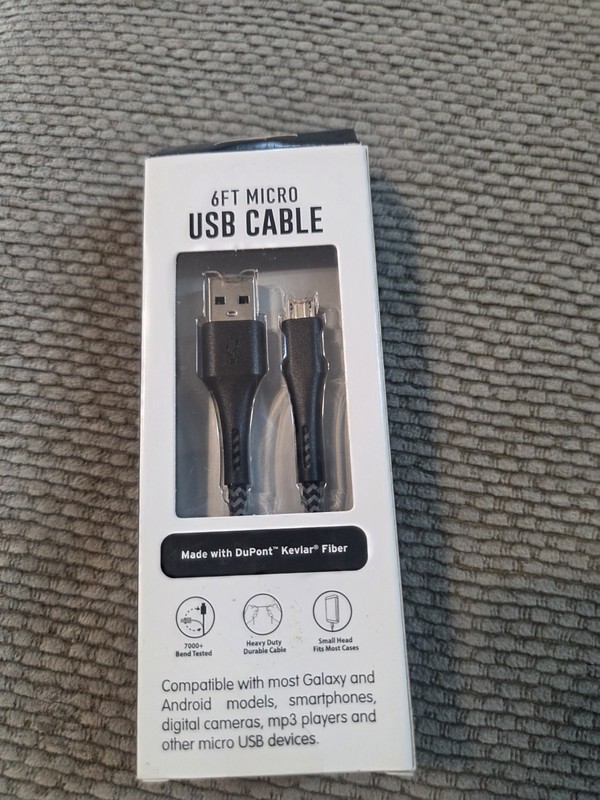 6ft Micro USB Cable Black New In Box Made With Kevlar Filber Cord gallery
