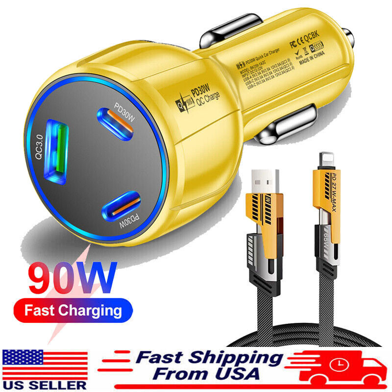 90W LED PD Fast Car Charger 3 Ports Adapter For Samsung iPhone Android Phone gallery
