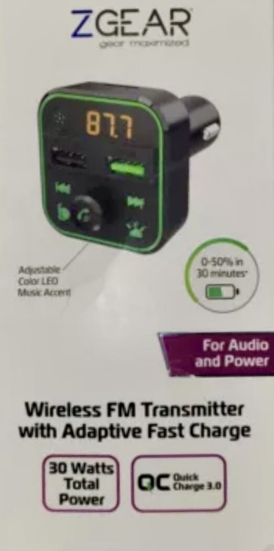 ZGear – Wireless FM Transmitter w/Adaptive Fast Charger – 30 Watts