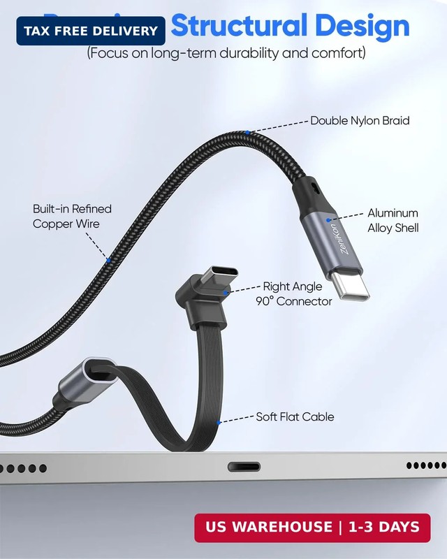 90 Degree USB C Cable 1FT, Right Angle USB C Cable Flat 60W Fast Charging Nyl... gallery