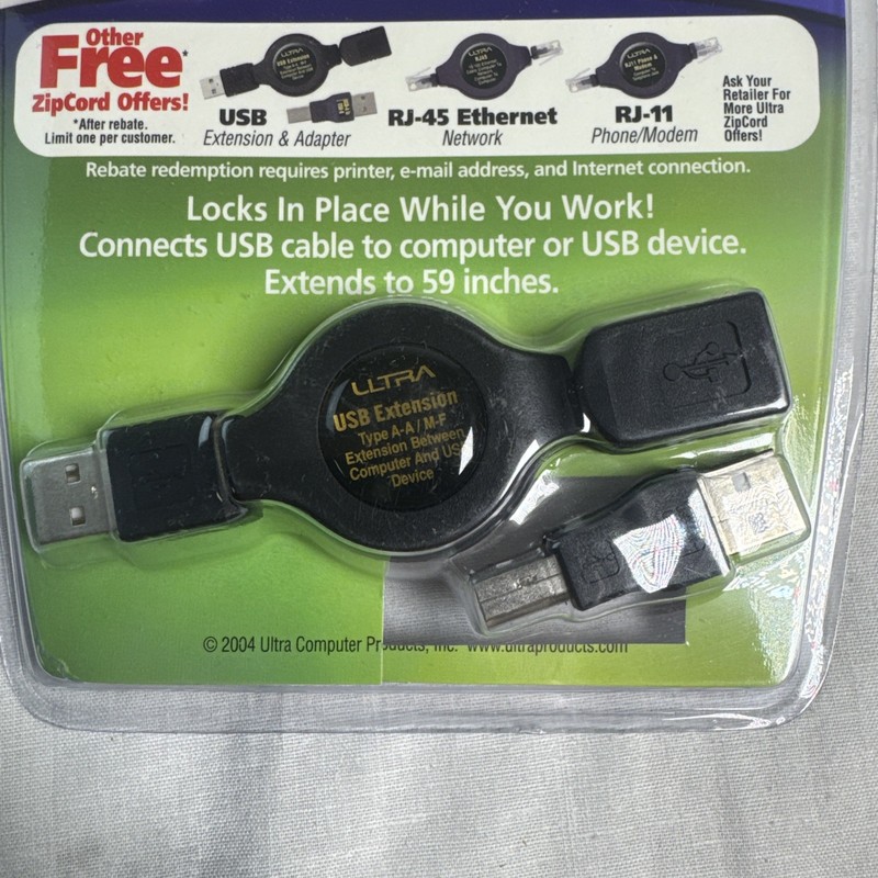 Ultra Zip Cord Retractable USB Cable USB A- USB B 59 Inch NEW IN PACKAGE gallery