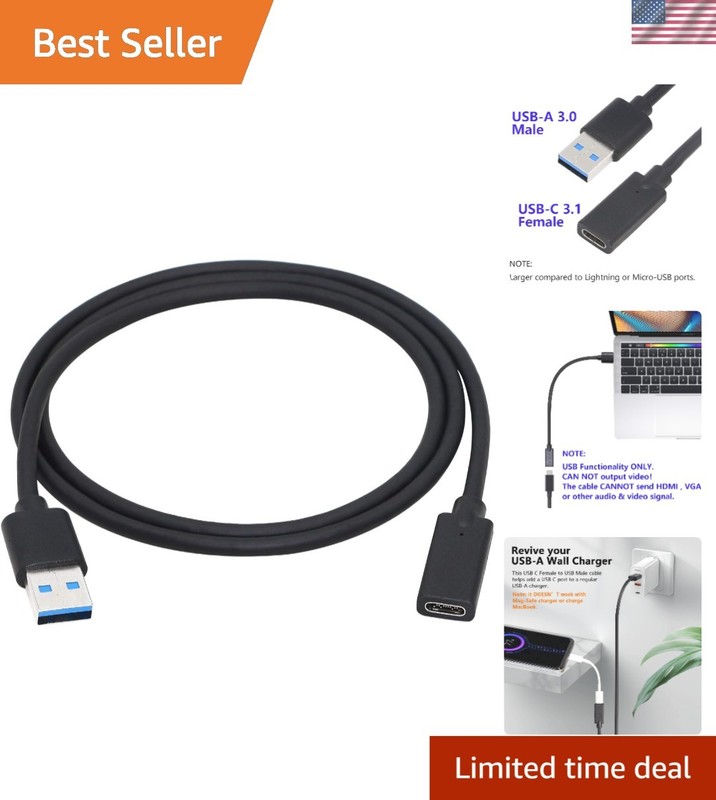 Reversible USB 3.0 Type A Male to Type C Female Adapter – Flexible 3ft Length
