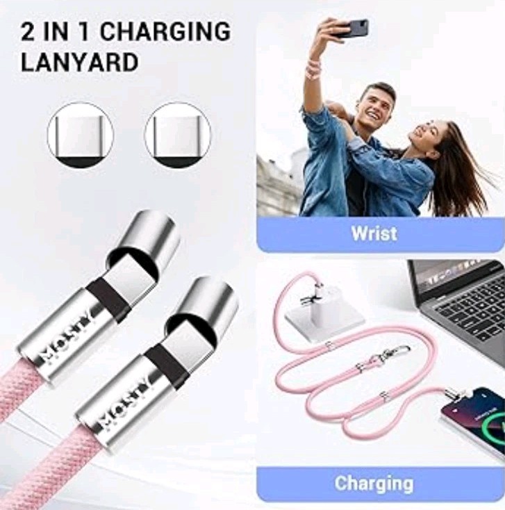 MOSTY 60W 2 in 1 USB-C To USB-C Fast Charger Cable Pink Crossbody Phone Lanyard gallery