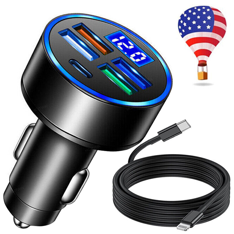 4 USB Ports 3.1A USB Car Cigarette Charger Lighter Digital LED Voltmeter 12V/24V