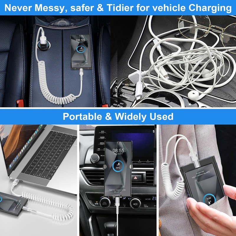 3ft Coiled USB-C Fast Charging Cable for iPhone 17/16/15 & Android Auto gallery