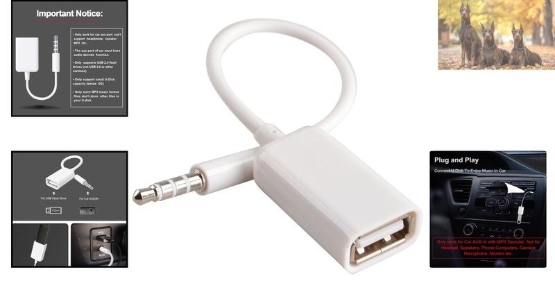 Compact 3.5mm AUX to USB Female Adapter - Exclusively for Car MP3 Systems gallery