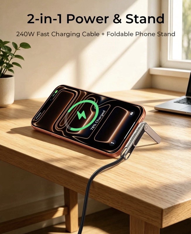 3-in-1 240W Invisible Stand Fast Charging Cable, 240W Chubby USB A/C to USB C... gallery