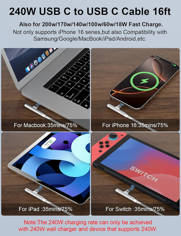 16FT USB C Cable Fast Charging 240W,Extra Long USB C to USB C Cable 16 Foot Type gallery