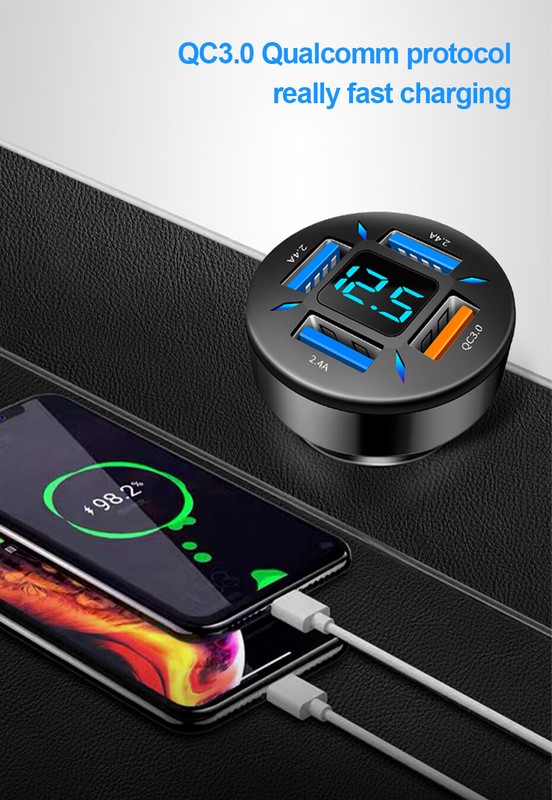 4 Ports Car Charger Cigarette Lighter Socket USB QC3.0 Fast Charging W/Voltage gallery