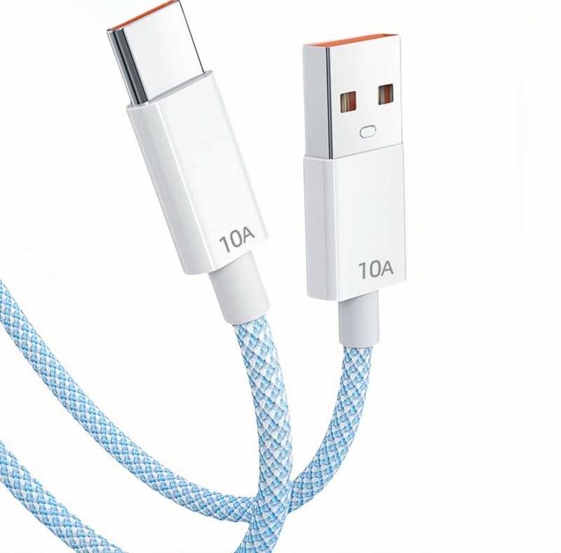 Braided USB to USB-C Fast Charging Cable 10A White Blue Nylon Universal