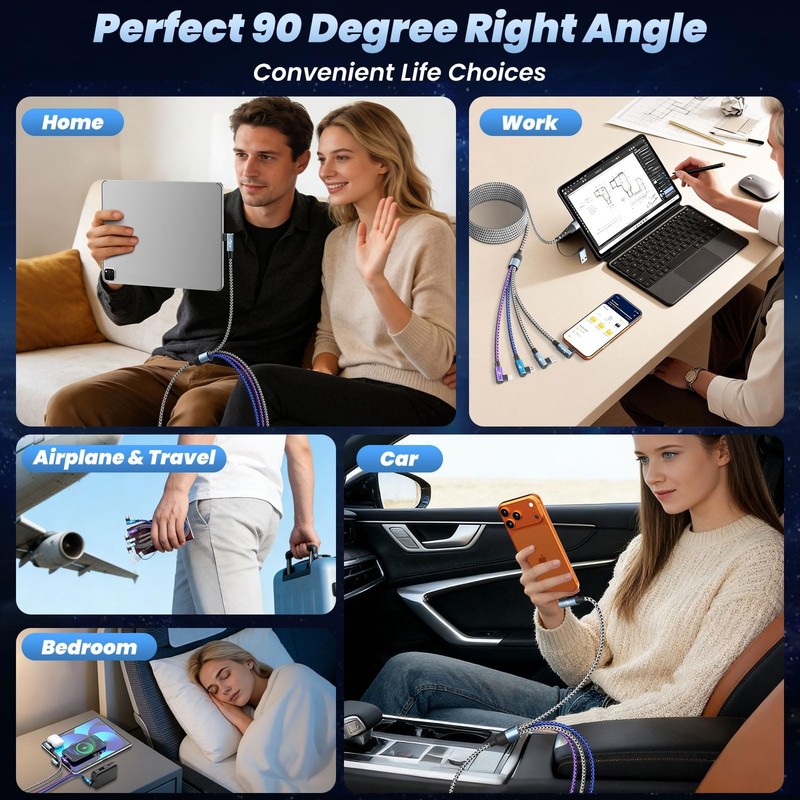 Travel Essentials 90 Degree Multi Charging Cable, 5FT 5F, 90° & Pastel Blue gallery