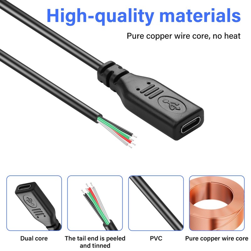 USB C Pigtail Power Cable 5V Type C Female to 4 Cores Bare Wire Data 2 PCS gallery