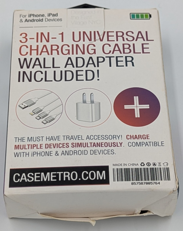 Apple iPad iPhone Android 3-In-1 Universal Charging Cable Wall Adapter Open Box