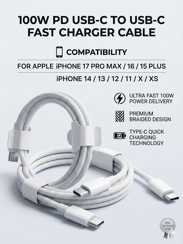 100W PD USB-C to USB-C Fast Charge Cable 1m White Braided Nylon for iPhone