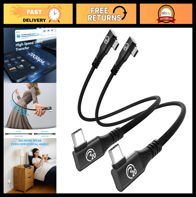 Flexible 90° USB C 3.2 Gen 2×2 Cable 1FT 2-Pack, 20Gbps Data & 240W PD, 5K/4K Vi