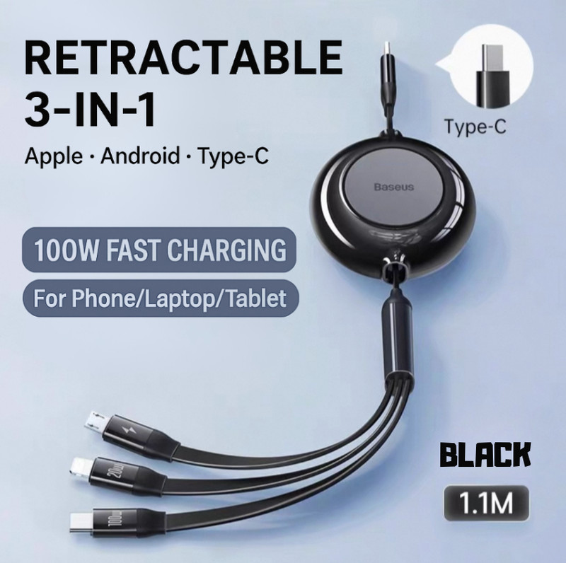 3 in 1 retractable Type-C cable 100W Super Charging | iPhone Macbook Samsung