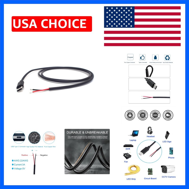 1M/3.3FT 22AWG USB Type C Male Pigtail,5V 3A USB C to 2 Pin Bare Wire Open En…