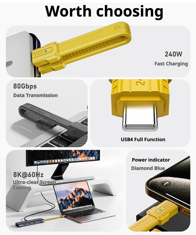 USB 4 Cable Portable Keychain 0.44ft, 240W Charging USB C Cable, 80Gbps Data ... gallery