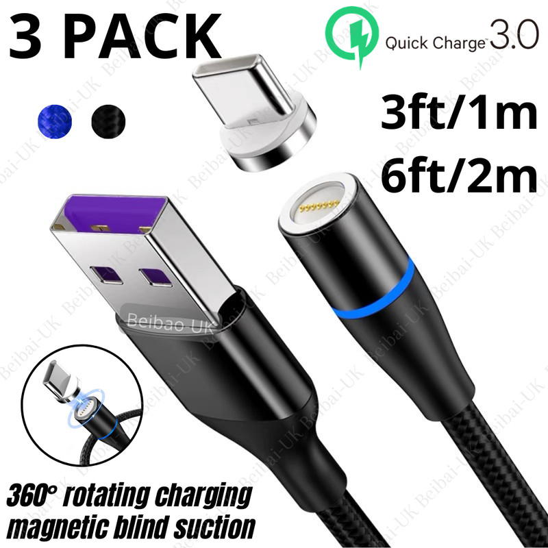 3 Pack 3/6Ft 360° Magnetic 3A Fast USB Type C Charger Charging Cable For Samsung