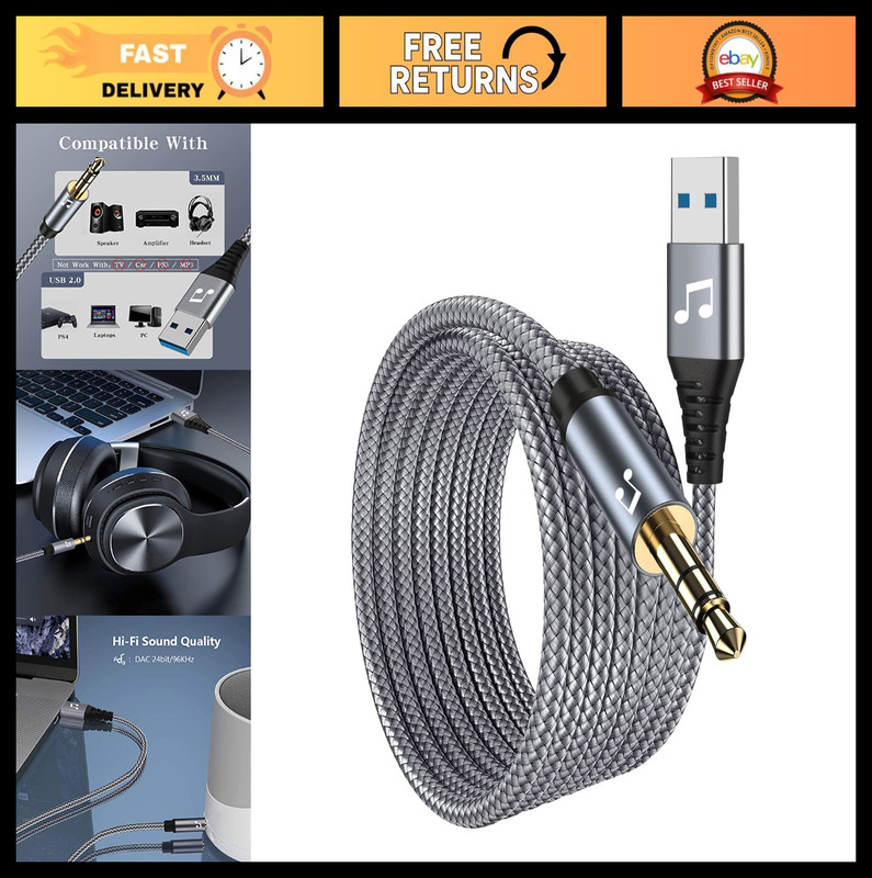 6FT USB to 3.5mm Audio Adapter Cable, AUX Stereo Cord for Laptop & Speaker, Wind