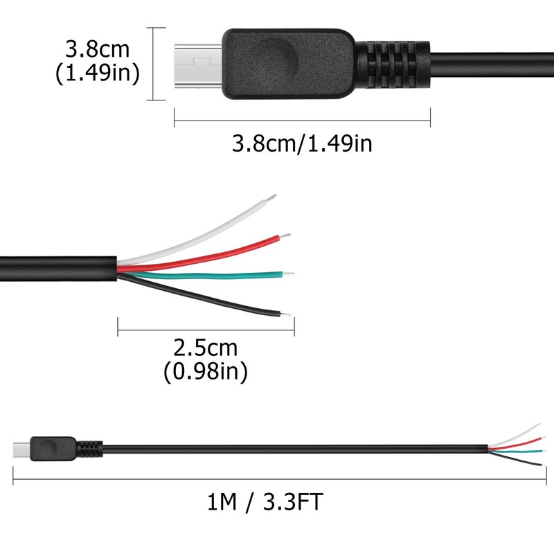 Mini USB Male Pigtail Power Cable, 1M, 3.3FT, 5V 2A, 4 Pin Open End, DIY Repair gallery