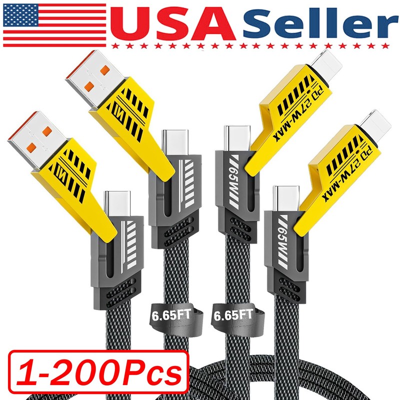 3Ft 65W 4 in 1 Multi Charging Cable Flat Braided USB C Charge Cord Transfer Lot