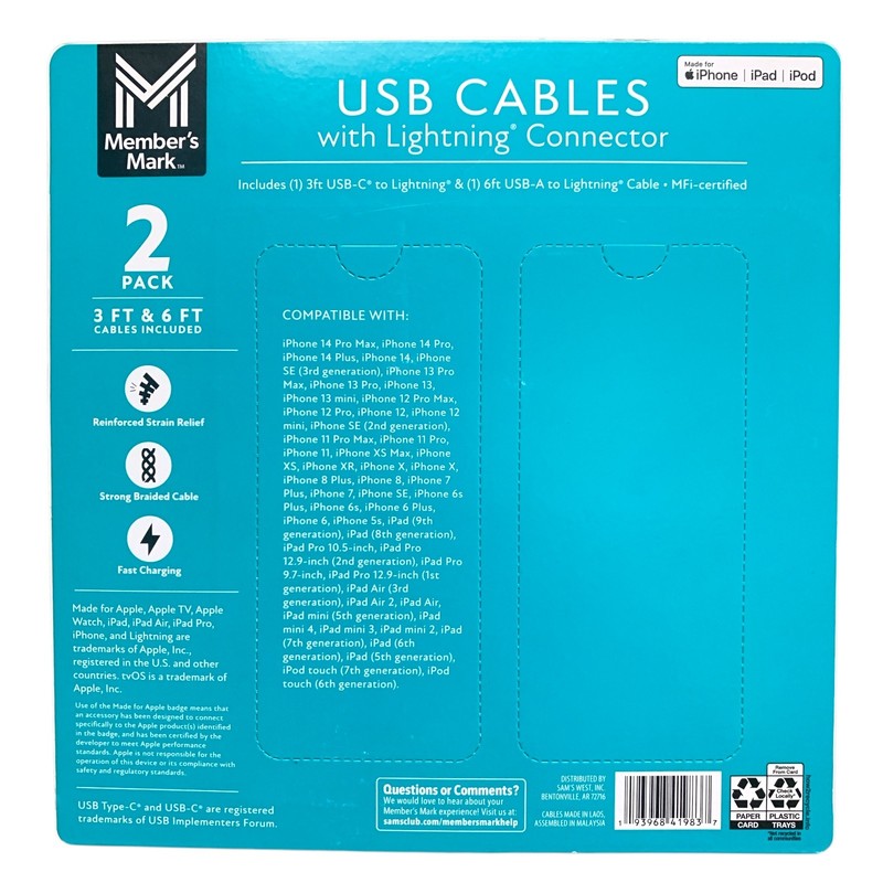 Member's Mark Apple USB-C & USB-A Braided Cables, 2-Pack, 3ft. & 6ft. gallery