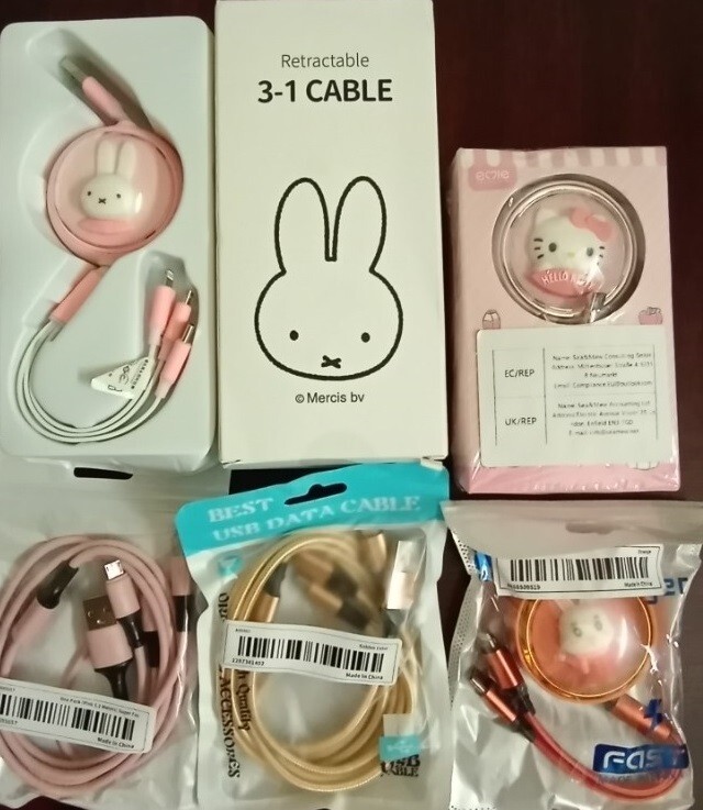 3 In 1 Charging Cable 5 pieces Gift Set 2 Rabbit, 1 Hello Kitty, 1 Gold, 1 Pink