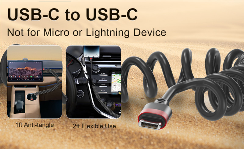 Coiled USB C to USB C Cable, 2 Pack Retractable Type C Carplay Cord, Coiled USBC gallery