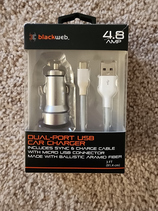 blackweb dual-port USB carcharger with cable 4.8amp 3ft cable