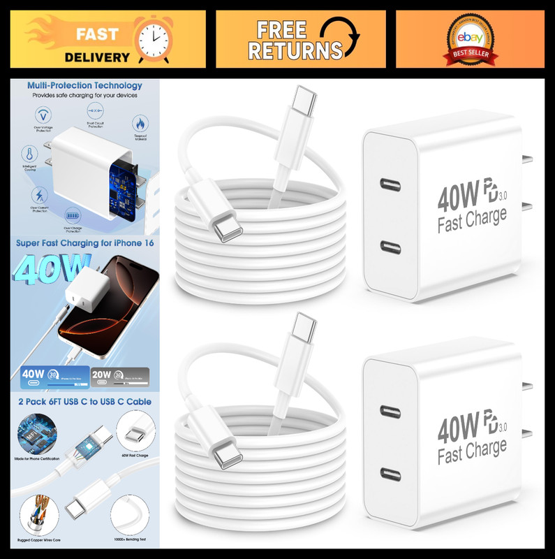 Fast Charging 40W Dual USB C Charger Block + 6ft Type C Cable for iPhone 17/16/1