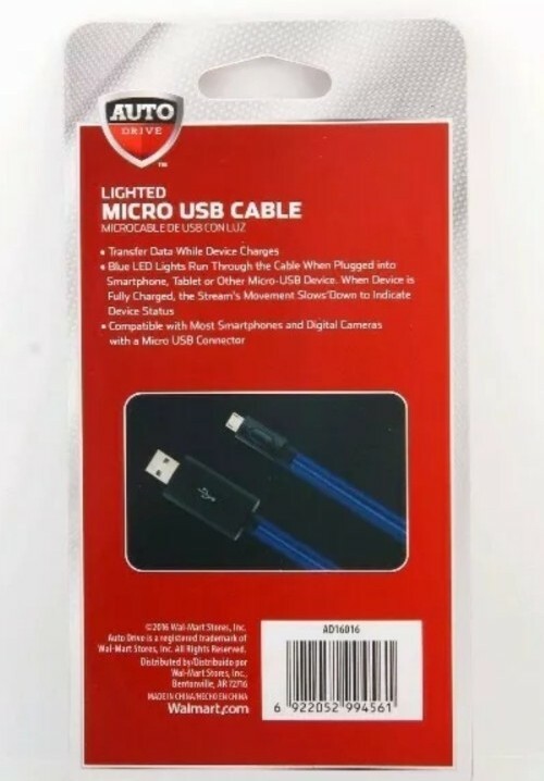 AUTO DRIVE, LED Light Micro USB Charge/Sync Cable, 3 Feet, Black w/ Blue LED gallery