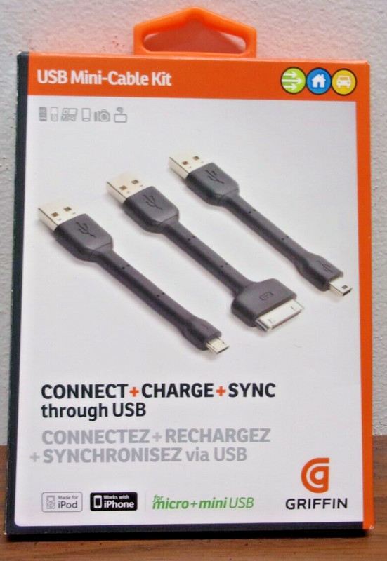 Griffin USB mini cable kit for ipod, iphone, micro+mini USB