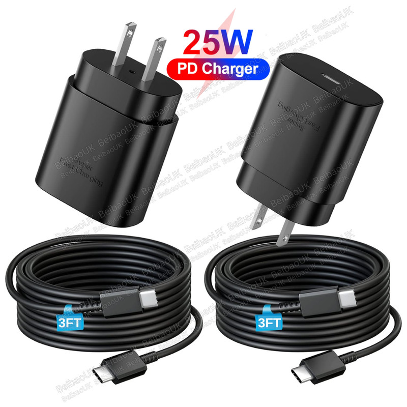 2 Pack 25w USB-C Super Fast Wall Charger+3FT Cable FOR Galaxy S24 S23 S22 Ultra