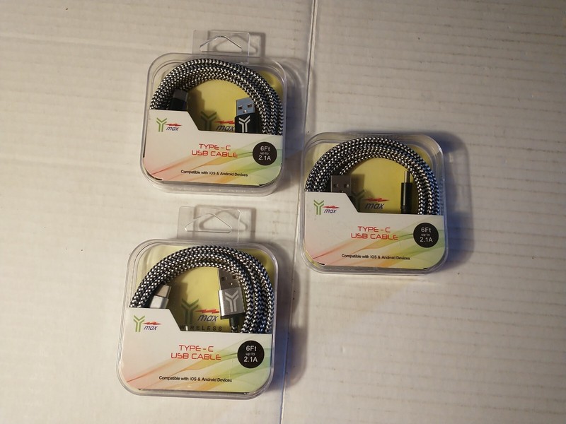Lot of 3 Type-C USB Cable - 6 foot New In Package Compatible With iOS & Android