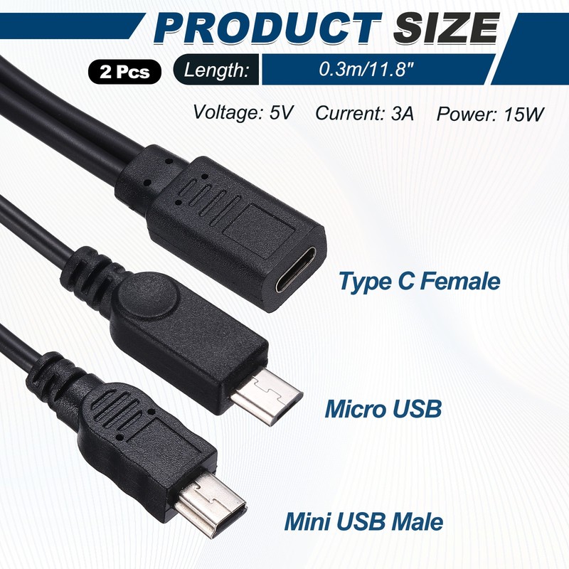 2Pcs Type C Female to Micro USB and Mini USB Male 2 in 1 Splitter 11.8" gallery