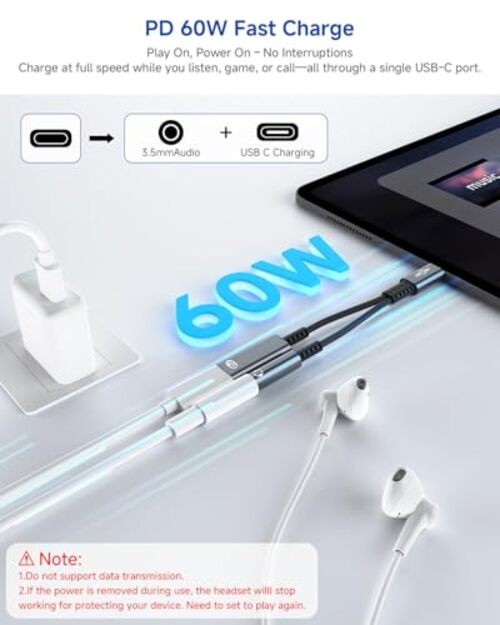 USB C to 3.5mm Headphone and Charger Adapter, 2-in-1 Type 2 Port-Separate Grey gallery