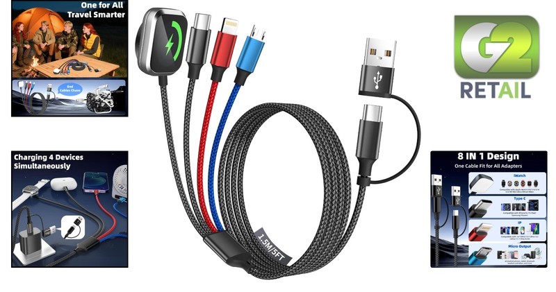 Lightweight Multi-Device Charging Cable for iWatch, iPhone 17+, Android - 5ft gallery